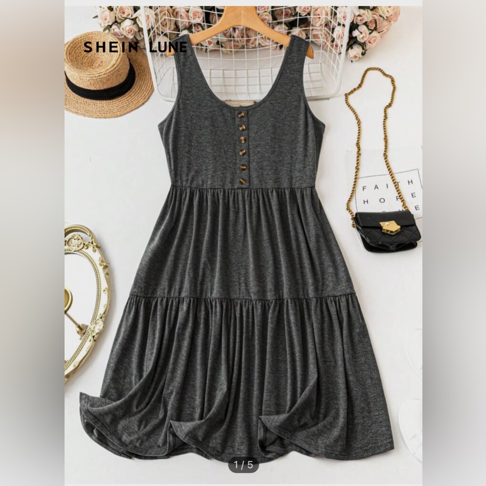 SHEIN Charcoal Gray Sleeveless Tiered Dress with Button Front